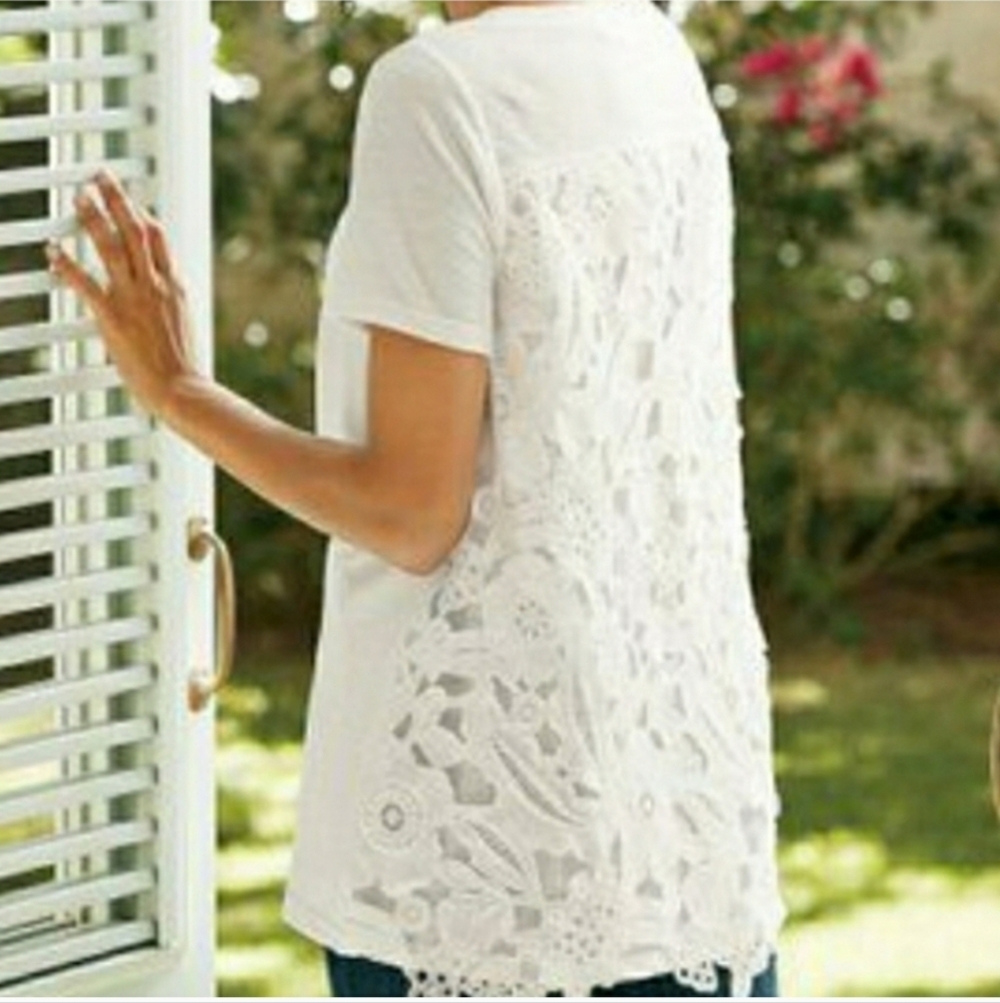 Soft Surroundings White Lace Back Short Sleeve Knit Top Size Large